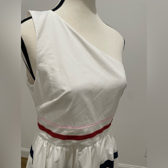 J. Crew One Shoulder Fit-n-Flare Poplin White Dress with Colorful Stripes - Picture 8 of 15